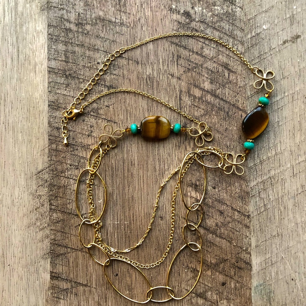 Layered Necklace Tigers Eye Healing Stone, Gold Floral Detail, Boho Wedding